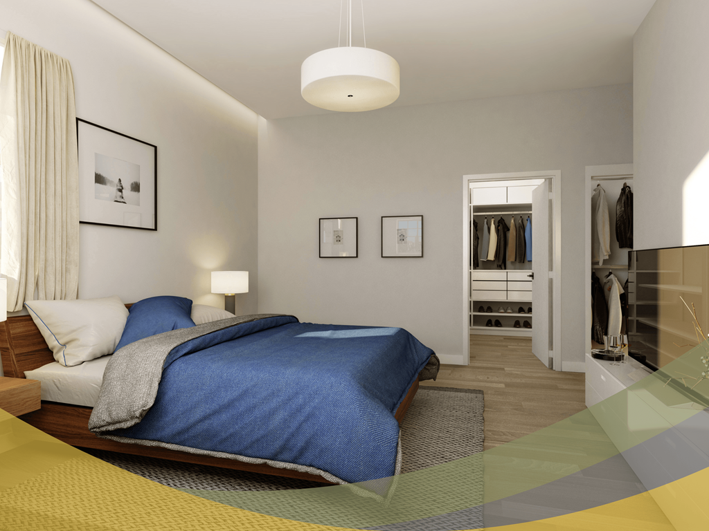 a bedroom with a bed and a closet