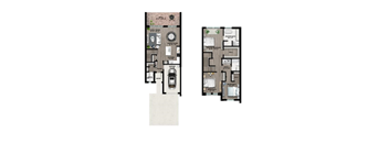 A floor plan of a two-story house with a garage on the first floor and a master bedroom suite on the second floor.
