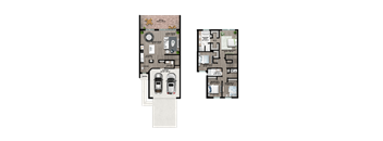 A floor plan of a house with two bedrooms, a living room, a kitchen, a bathroom, and two parking spaces.