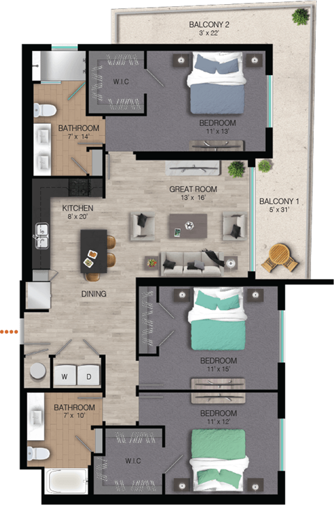 C2 Floor Plan at Quantum Apartments, Fort Lauderdale, FL, 33304