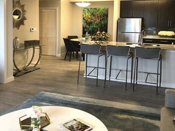 View of Breakfast Bar, Dining and Kitchen from the Living area
