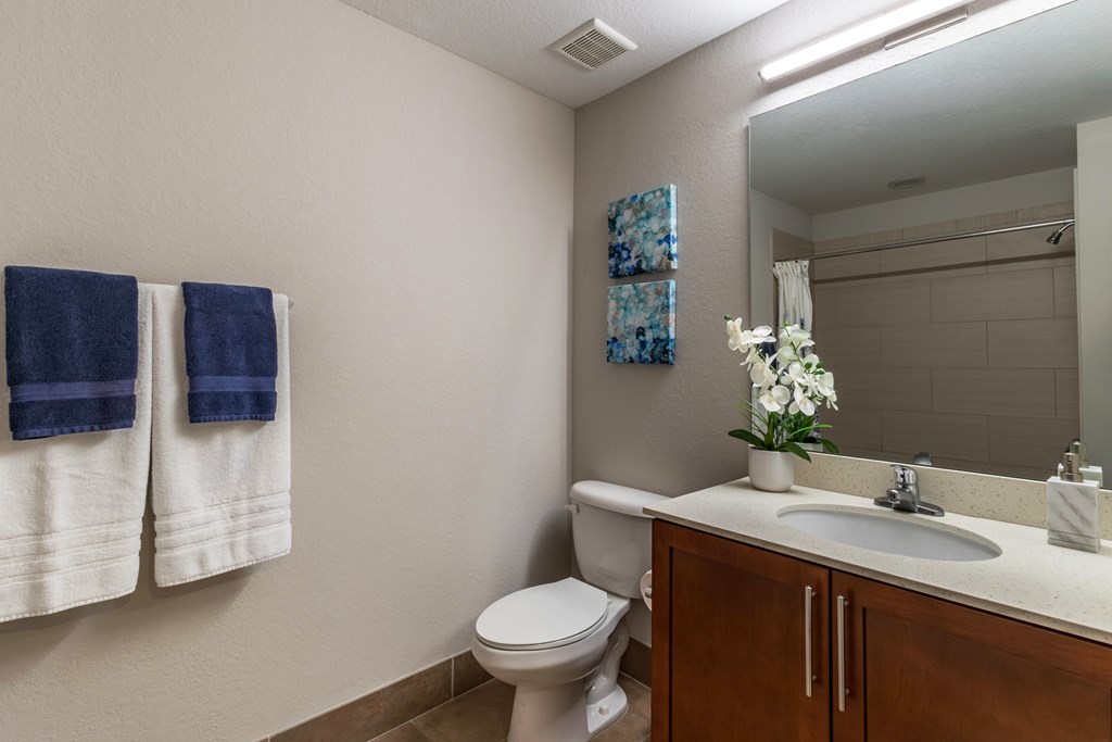 A bathroom with a toilet, sink, and towels.