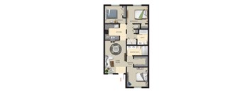 A floor plan of an apartment with three bedrooms, a living room, a kitchen, a dining room, a master bath, and a master suite.