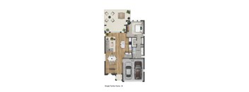 A floor plan of a single family home with a garage and two bedrooms.