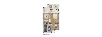 A floor plan of a single family home with a garage and a living room.