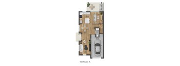 A floor plan of a townhouse with a kitchen, living room, dining room, bathroom, and one car garage.