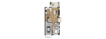A floor plan of a townhouse with a kitchen, great room, and bedroom.