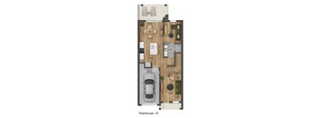A floor plan of a townhouse with a kitchen, living room, dining room, and a one-car garage.