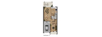 A floor plan of a townhouse with a living room, dining room, kitchen, powder room, and one car garage.