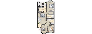 A floor plan of an apartment with a kitchen, dining room, living room, three bedrooms, a master suite with a bath, and a master bath.