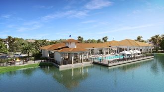 Clubhouse rendering with pool and beautiful lake view