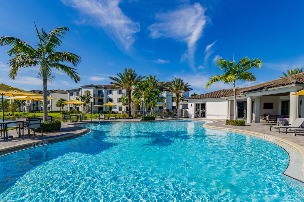 A large swimming pool surrounded by palm trees and lounge chairs.