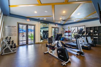 A fitness center with treadmills, elliptical machines, and other exercise equipment.
