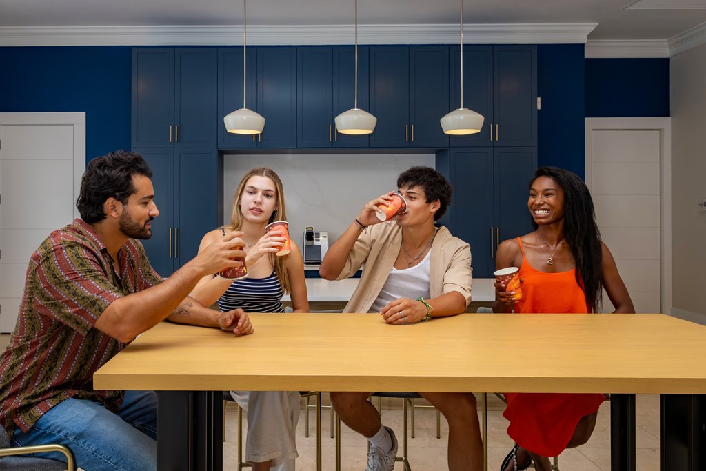 Four people sitting around a table drinking.