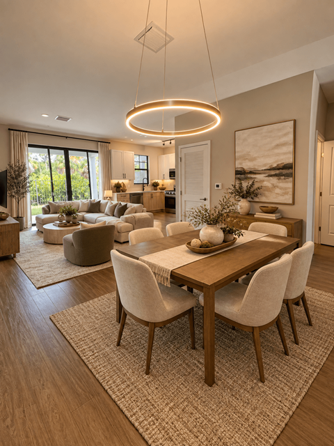 A modern dining room with a wooden table and chairs.