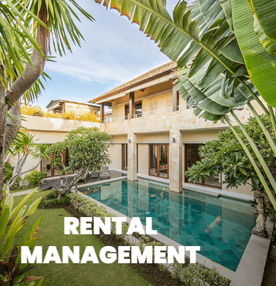 A luxurious house with a pool surrounded by greenery and the words "RENTAL MANAGEMENT" prominently displayed.