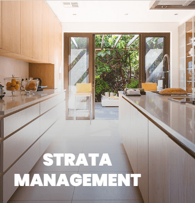 A modern kitchen with the words "STRATA MANAGEMENT" displayed on the wall.