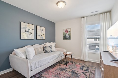 A living room with a grey couch and a rug.