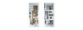 A floor plan of a house with two bedrooms, a living room, a kitchen, and a bathroom.