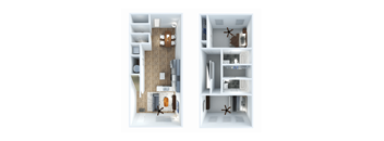 A floor plan of a two-story apartment with a living room, kitchen, and bathroom on the first floor and a bedroom on the second floor.