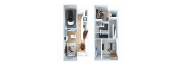 A top down view of a small apartment with a kitchen and living room.