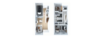 A diagram of a two-story apartment with a car in the garage.