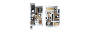 Two images of a dollhouse interior with furniture and decor.