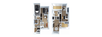 A floor plan of a two-bedroom apartment with a garage for one car.