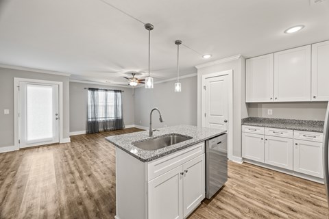 A kitchen with white cabinets and a granite countertop.