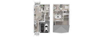 A floor plan of a two-story house with a garage and a driveway.