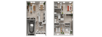 A top-down view of a two-story house with a car parked in the garage.