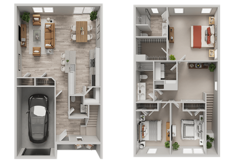 A top-down view of a two-story house with a car parked in the garage.