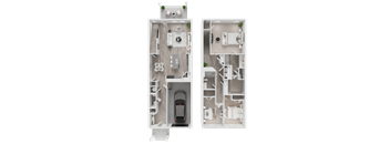 A detailed 3D floor plan of a two-story residential building.
