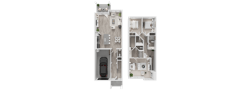 A detailed 3D floor plan of a two-story residential building.