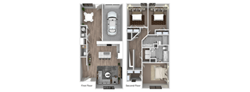 A diagram of a two-story apartment with a car parked in the garage.