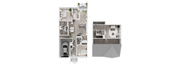 A floor plan of a two-story residential building with a garage and a balcony on the second floor.