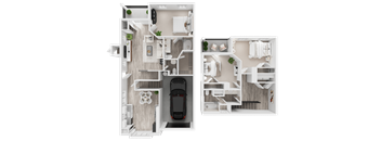 A top-down view of a two-bedroom apartment with a car parked in the driveway.