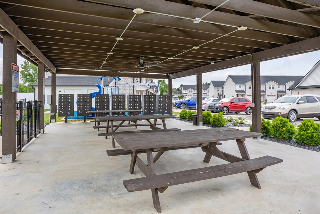 A covered picnic area with tables and benches.