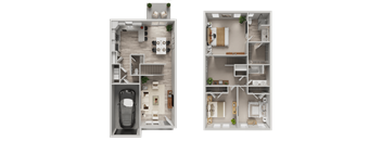Two floor plans of a house with a car parked in the garage.