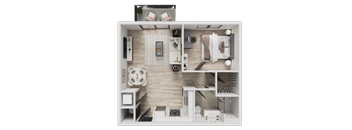 A top-down view of a modern, minimalist apartment with a kitchen, living room, and bathroom.