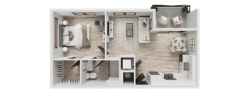 A top-down view of a modern apartment layout with a kitchen, living room, and bedrooms.
