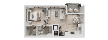 A top-down view of a modern apartment layout with a kitchen, living room, and bedrooms.