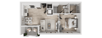 A top-down view of a modern apartment layout with a kitchen, living room, and bedrooms.