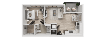 A top-down view of a modern apartment layout with a living room, kitchen, and bedrooms.
