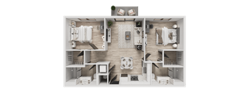 A top-down view of a small apartment layout with a kitchen, living room, and bedrooms.