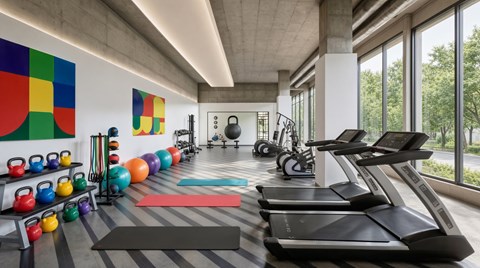 A gym with treadmills, exercise bikes, and kettlebells.