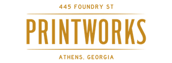 The image displays a sign with the text "PRINTWORKS" in large letters, indicating a business or establishment located at 445 Foundry St, Athens, Georgia.