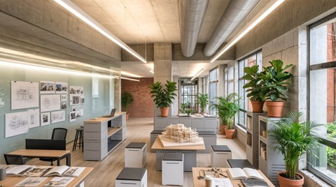A modern office space with desks, chairs, and plants.
