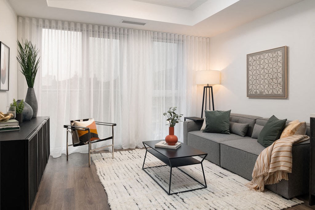 a living room with a couch and a coffee table