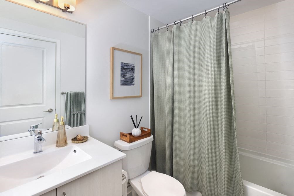 a bathroom with a shower curtain and a toilet and a sink